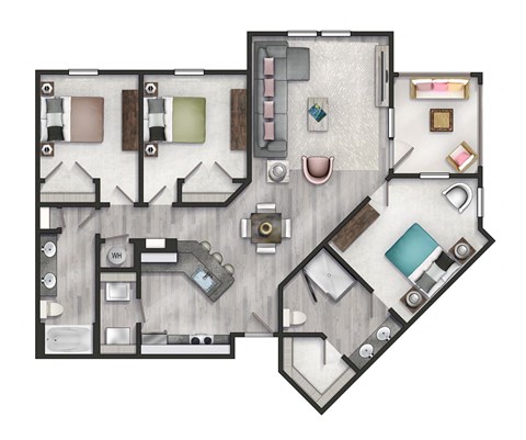 Floor plan for 3 beds, 2 baths, 1322 sqft